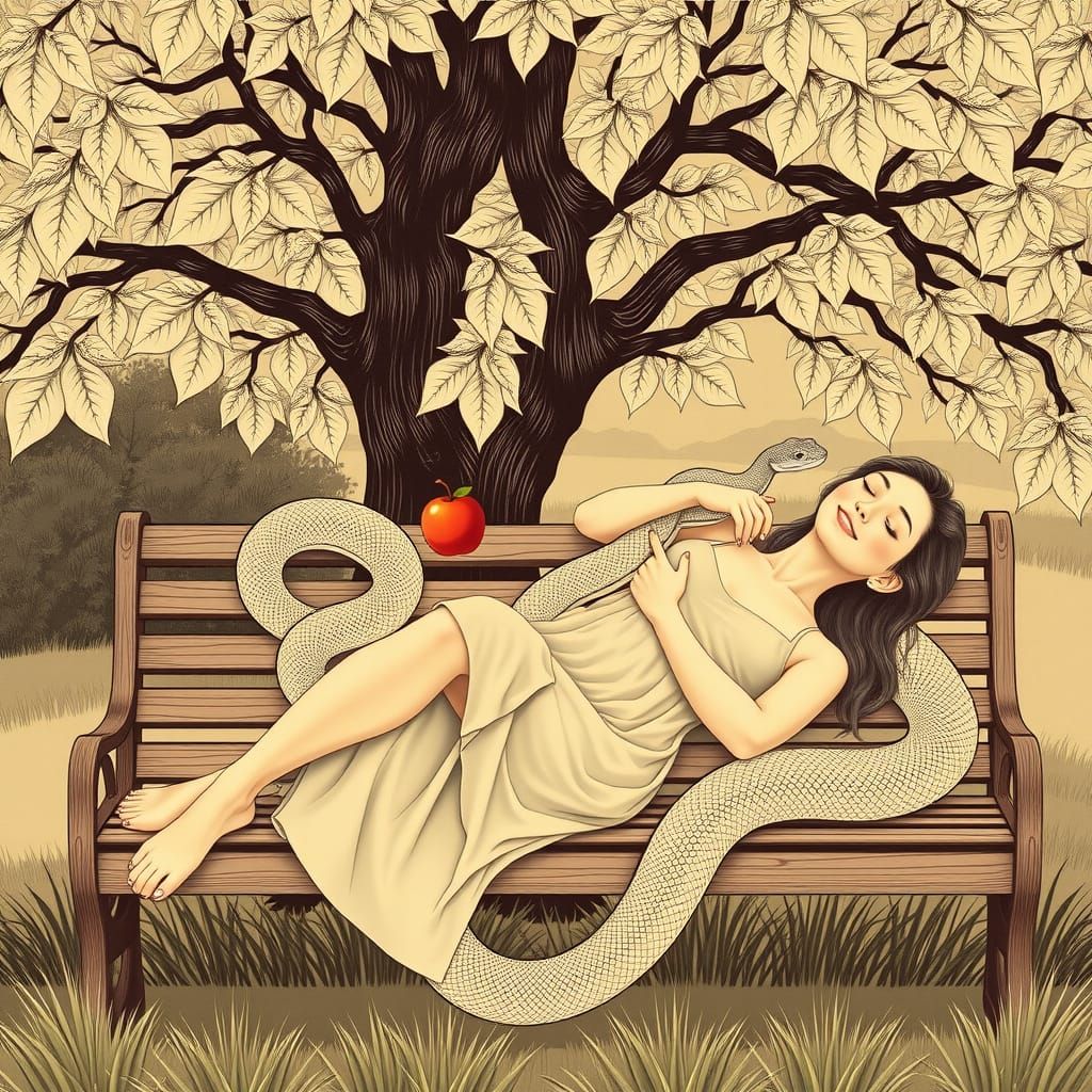 Woman with Snake and Apple in Woodcut Style