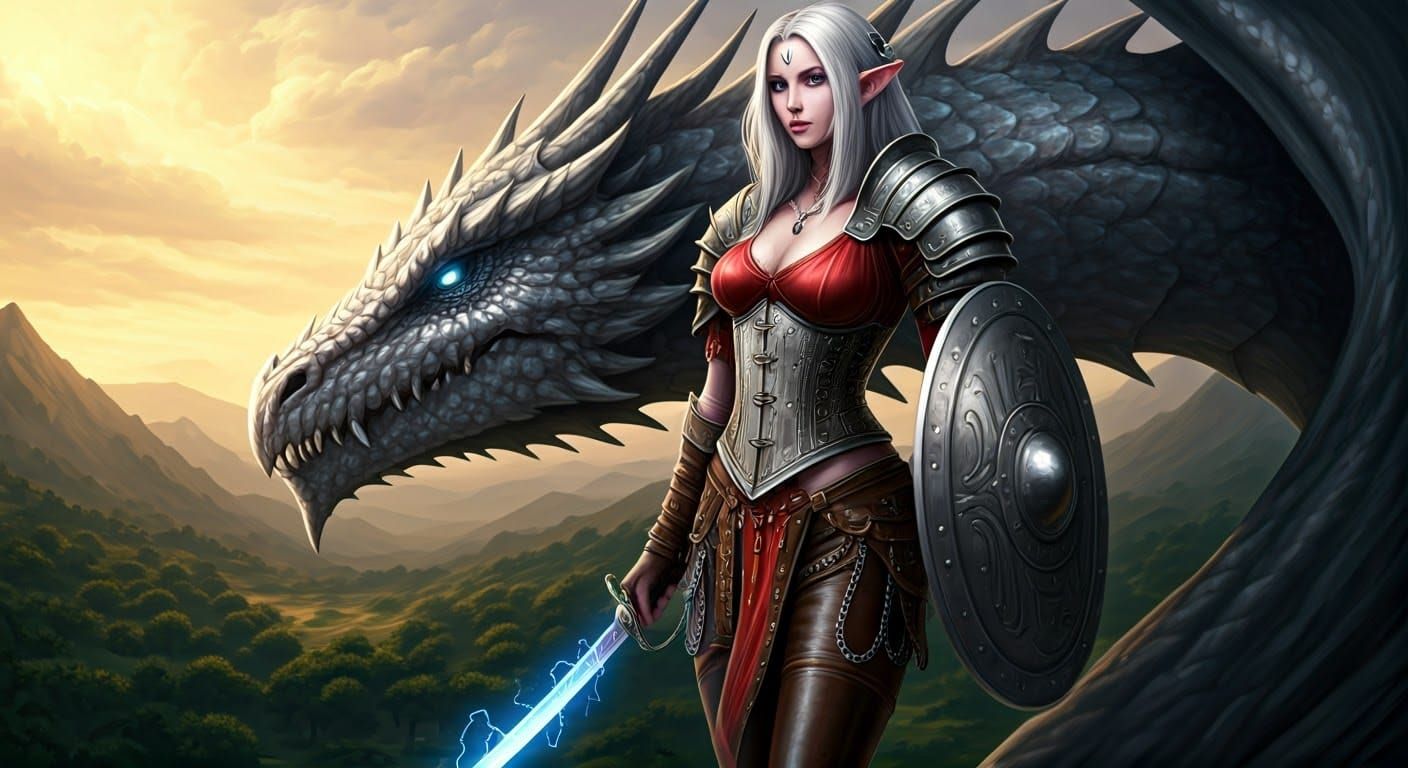 Ethereal Paladin Stands Beside Platinum Dragon in Majestic L...