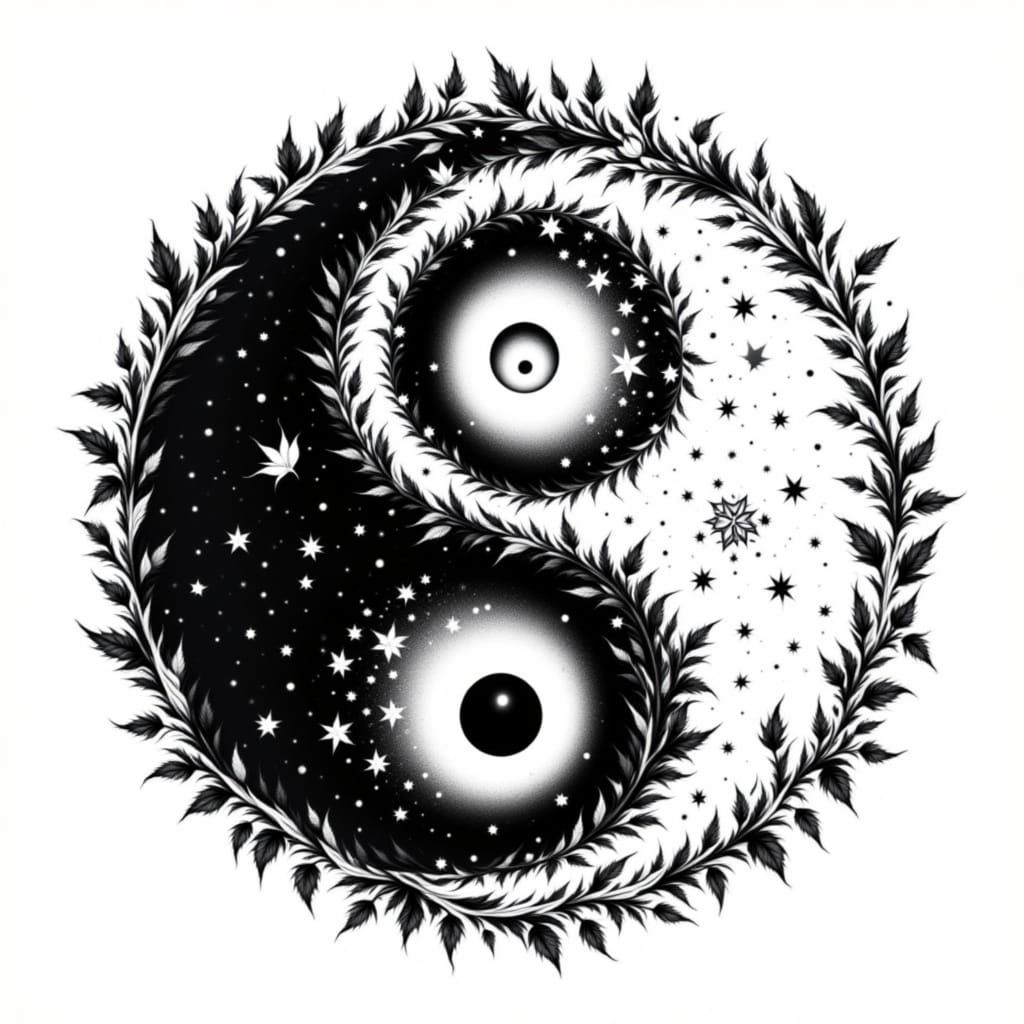 Black and White Yin Yang as Pen and Ink Illustration