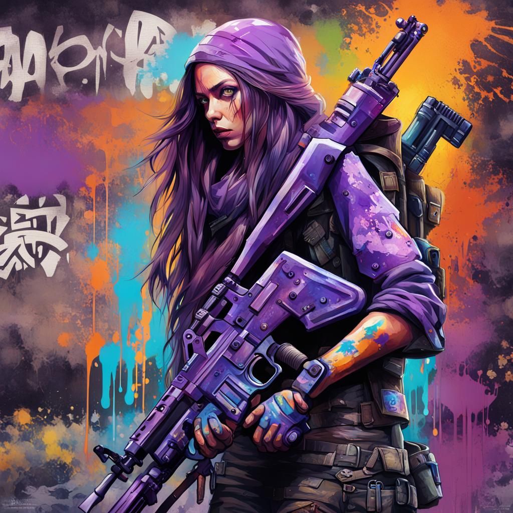 Armored Woman with Rifle in Graffiti Art Style
