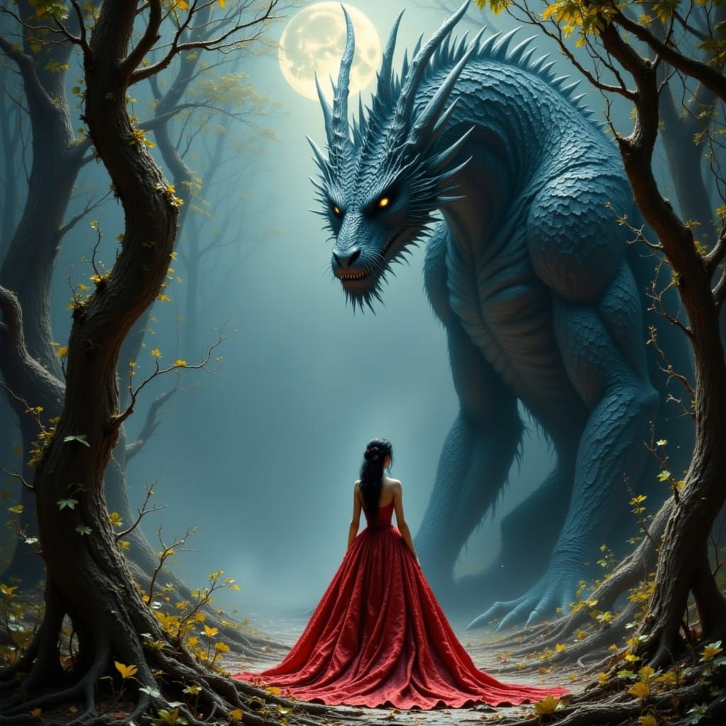 Medieval Lady Confronts Shimmering Dragon in Mystical Forest