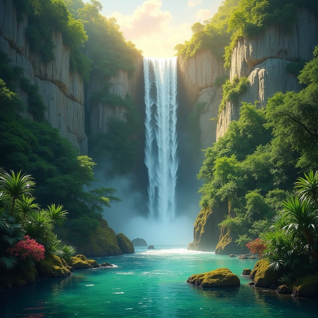 Majestic Waterfall in Lush Mountain Valley
