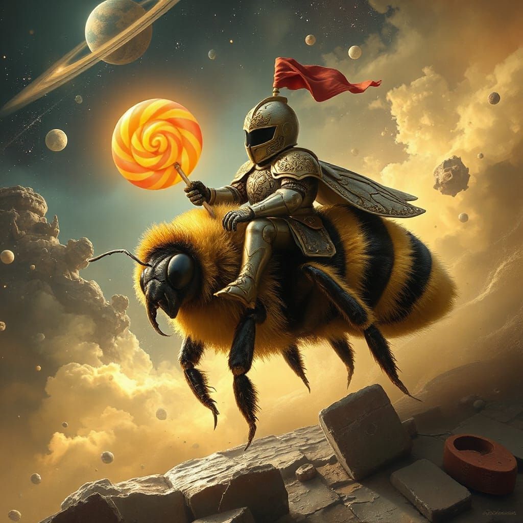 Knight on Bumblebee in Nebula, Art Nouveau Style