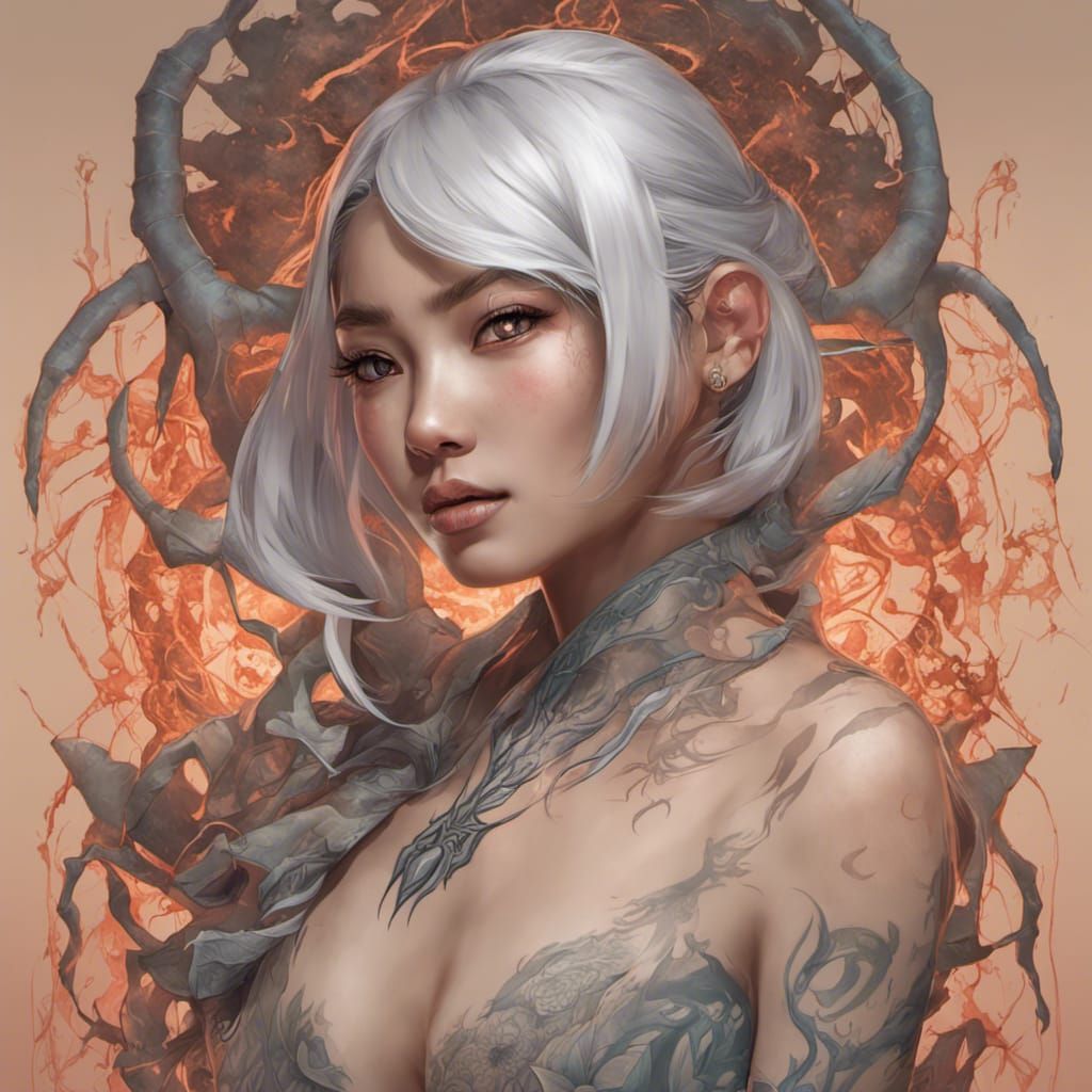 Asian Model Portrait with Spider Tattoo in 8k