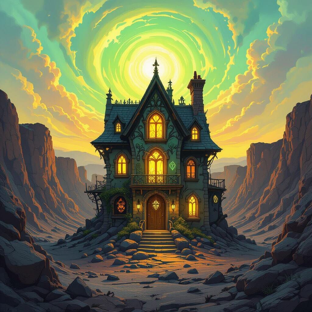 Mystical House in Crater with Dreamlike Sky