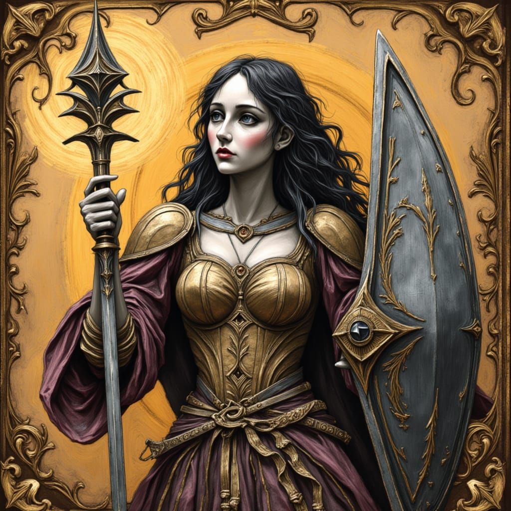 D&D playing card  art of Serena the Shieldmaiden <lora:ADTarotRedux:1.0> <lora:PsychixFlux:1.0> <lora:CommediaFlux:1.0> ...