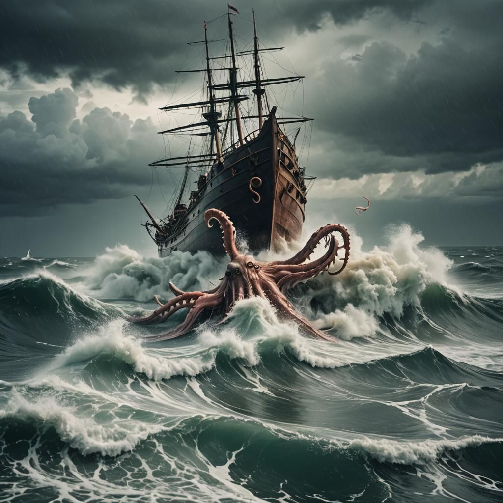 Giant Squid Attacks Ship in Stormy Seas