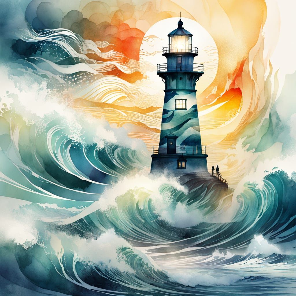 Double Exposure Lighthouse Watercolor Art