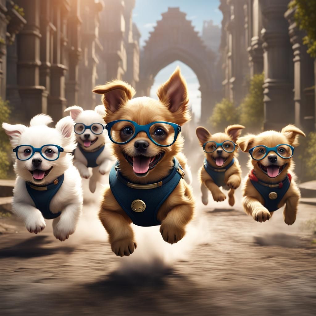 Puppies with Glasses Running: Detailed Matte Painting
