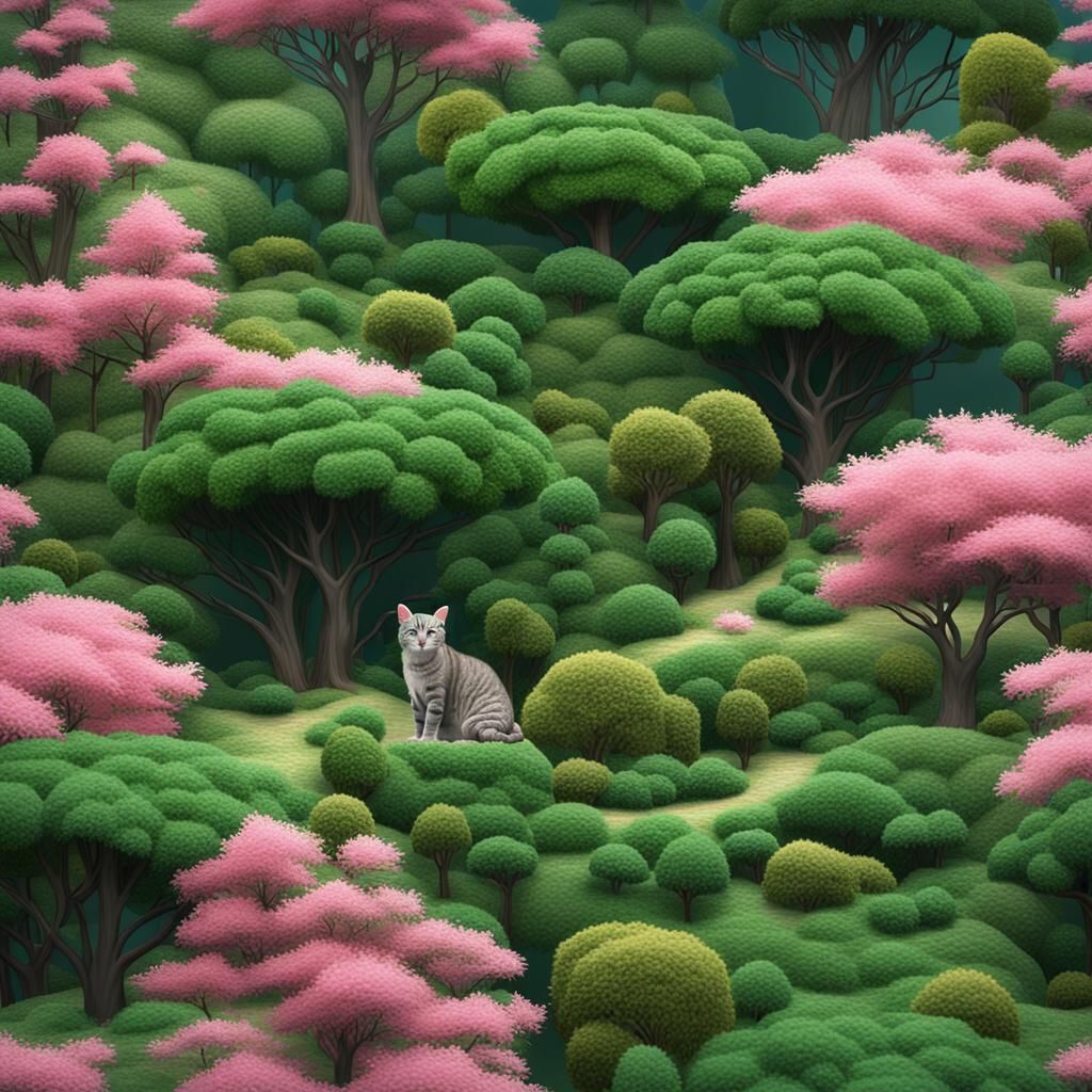 Fantasy Landscape with Pink Forest and Green Cat