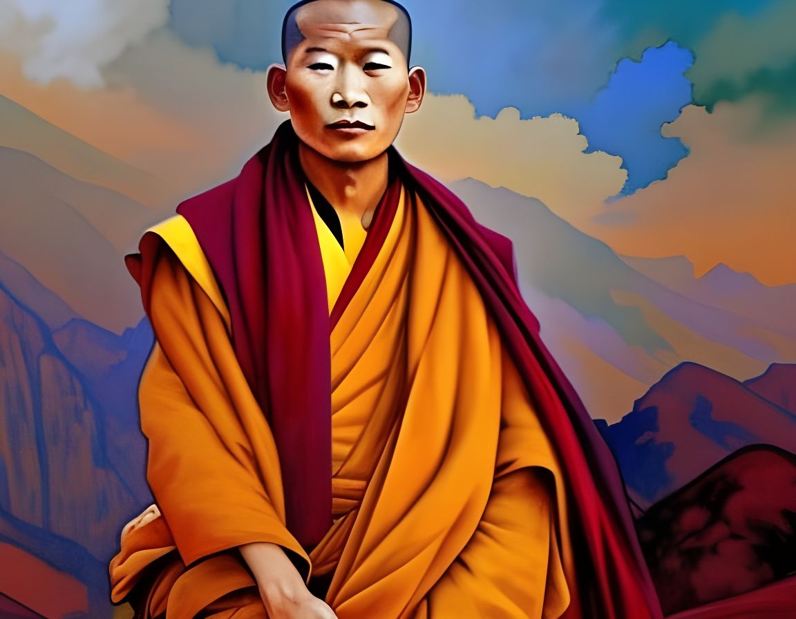 Tibetan Monk in Mountain Monastery: Watercolor Impressionism