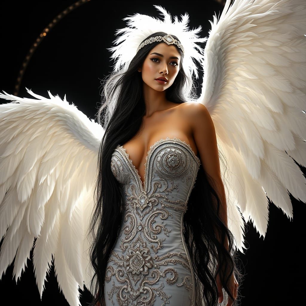 Feathered Woman in Flight: Art Nouveau Portrait