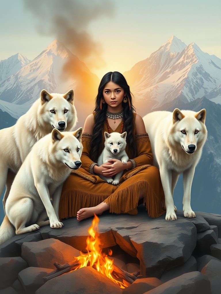 Serene Indian Goddess with White Wolves and Bonfire in Water...