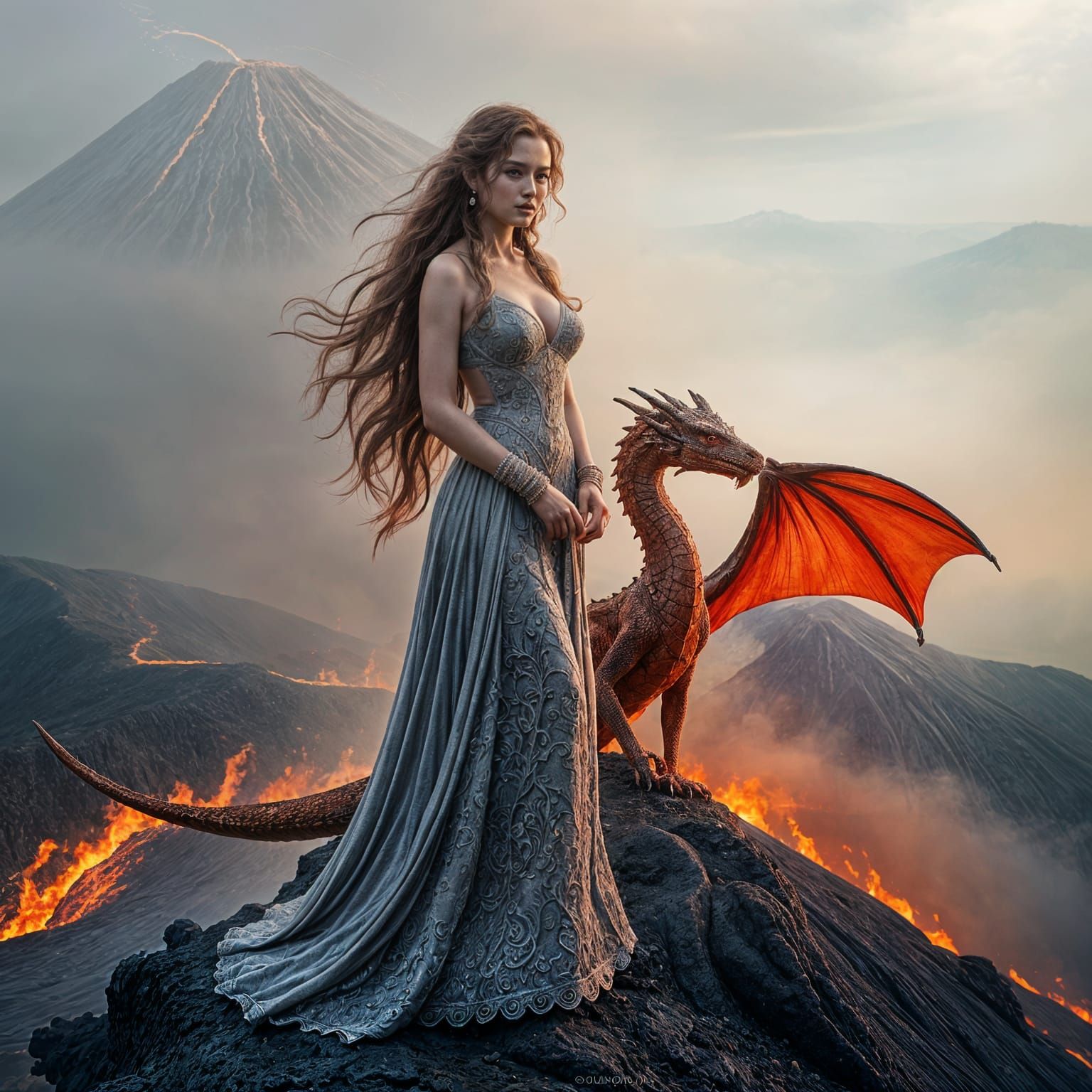 Ethereal Goddess Embraced by Dragon Amidst Fiery Volcanic La...