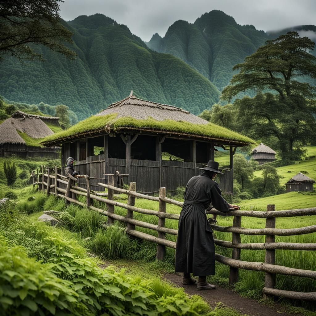 Mystical Rural Valley Landscape with Thatched Huts