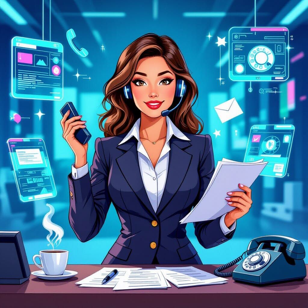 Futuristic Secretary Multitasking in Vibrant Syd Mead Style