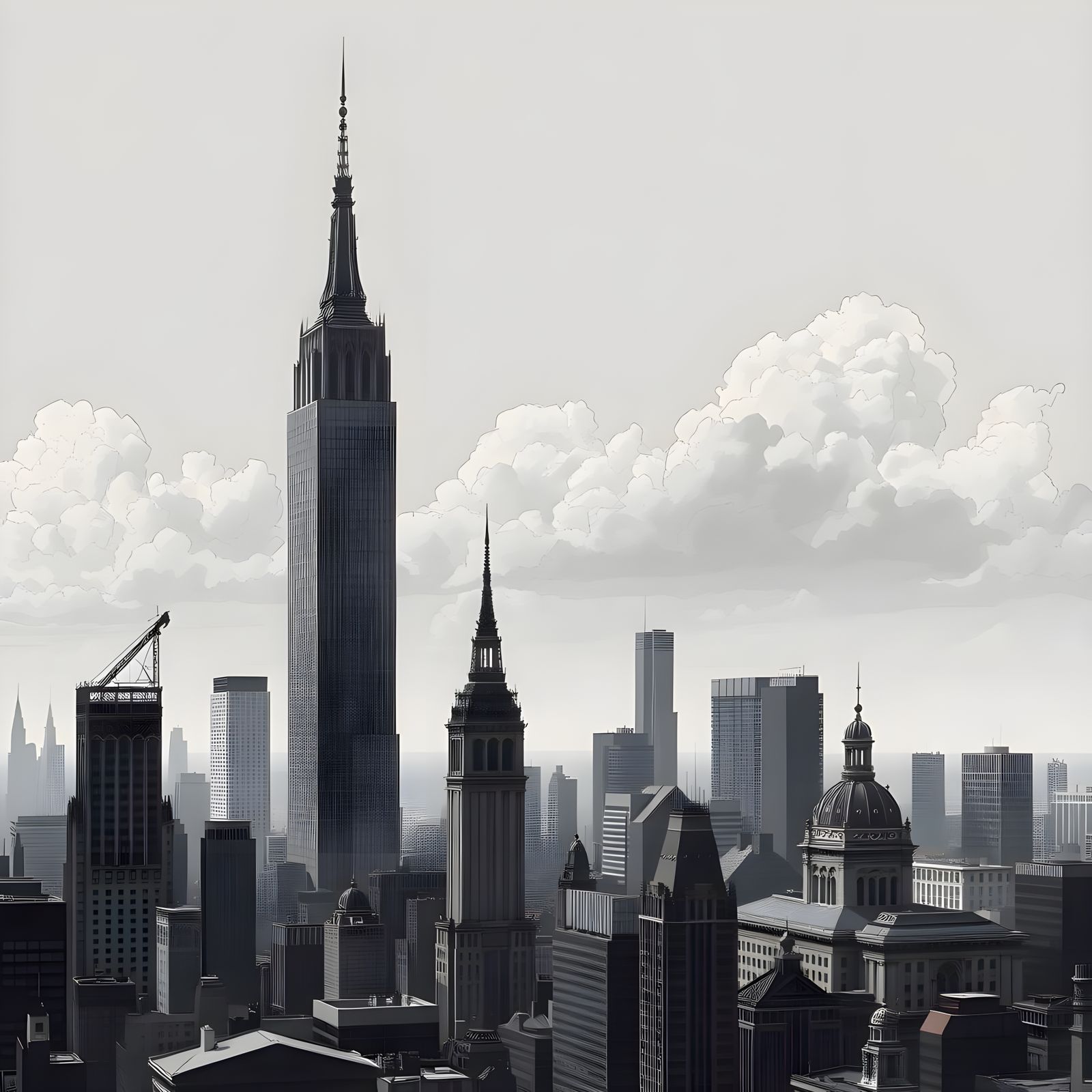 Cityscape Pencil Drawing with Bold Lines and Shading