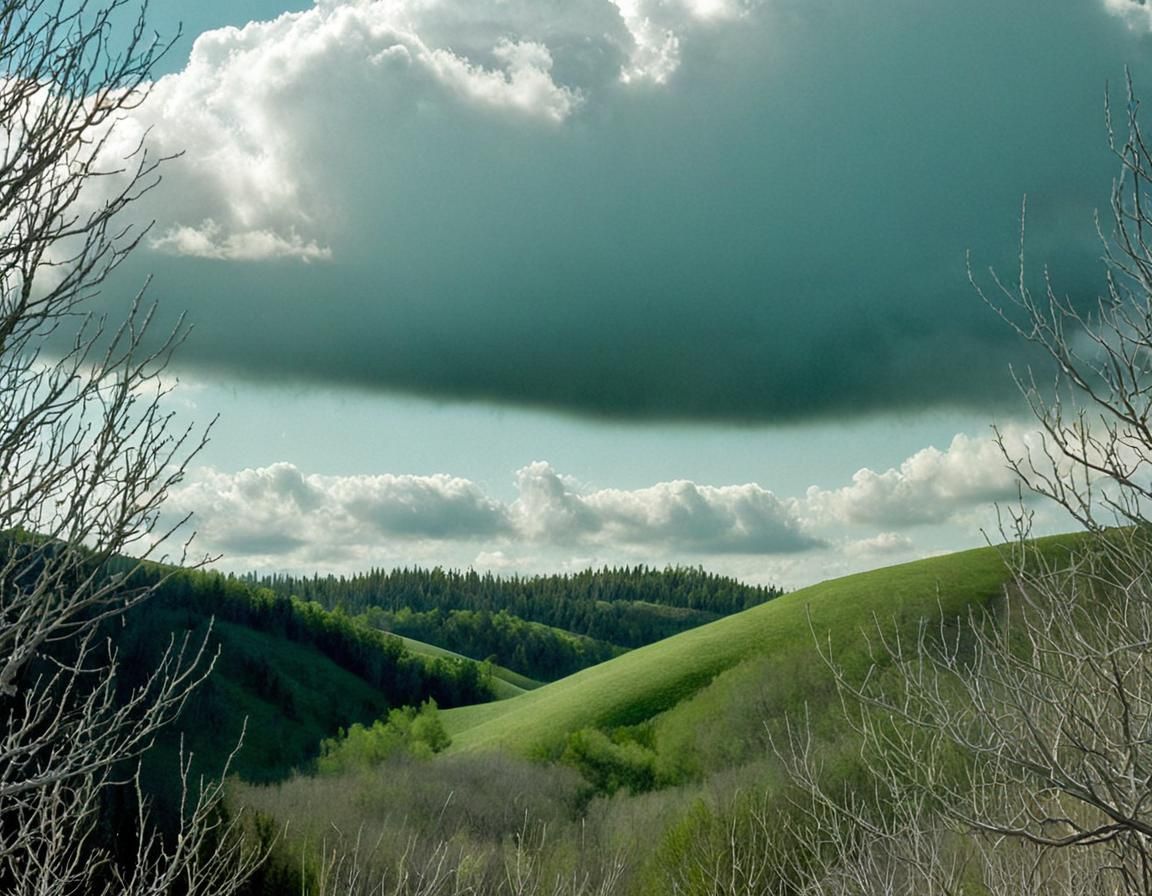 a treed valley with rolling hills and clouds. The trees and branches are arranged to reveal a hidden face with a beard. ...