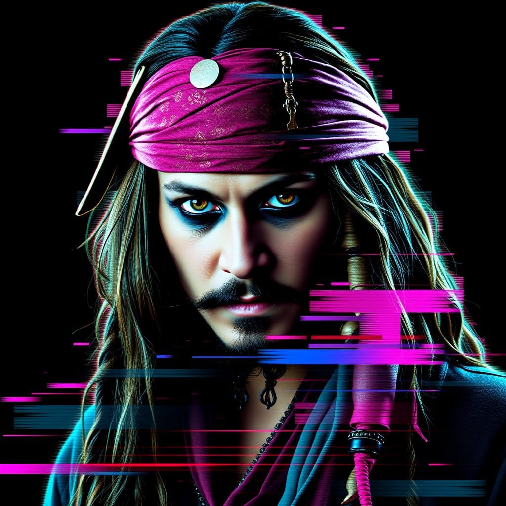 Surreal Portrait of Captain Jack Sparrow in Cyberpunk Digita...