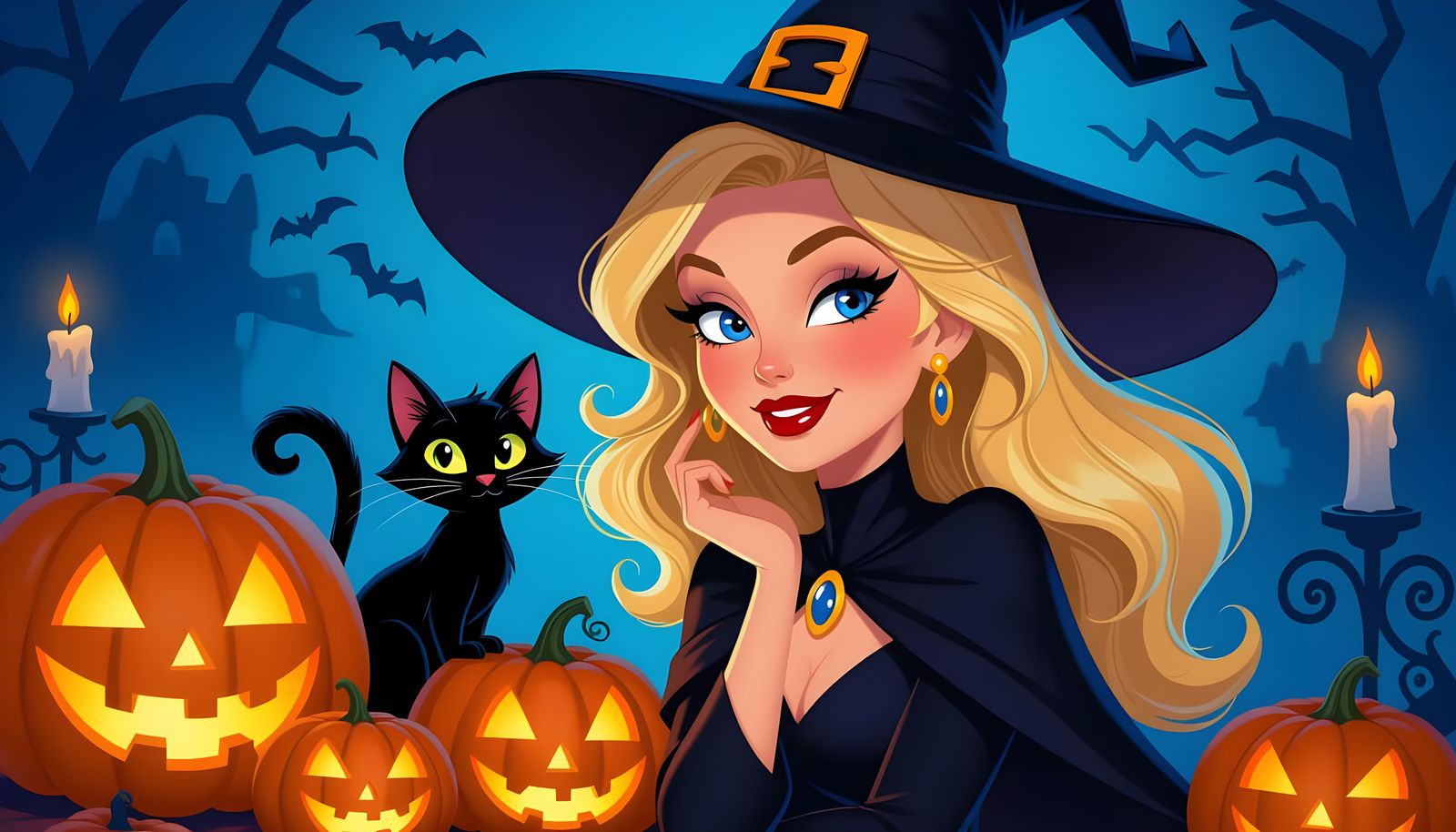 Cartoon Halloween Scene With Witch, Cat, and Pumpkins