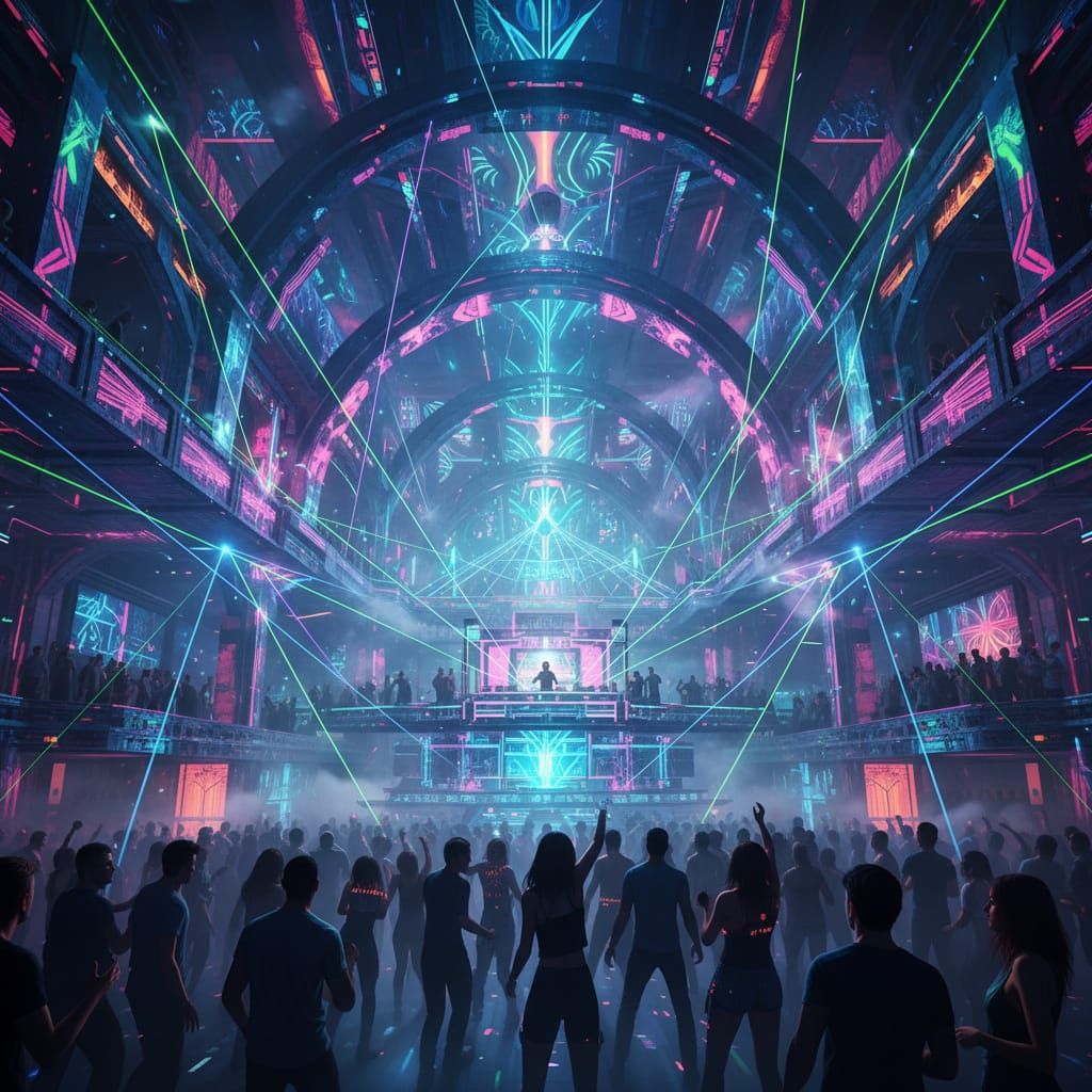 Techno Nightclub with Ethereal Lights and Geometric Structur...
