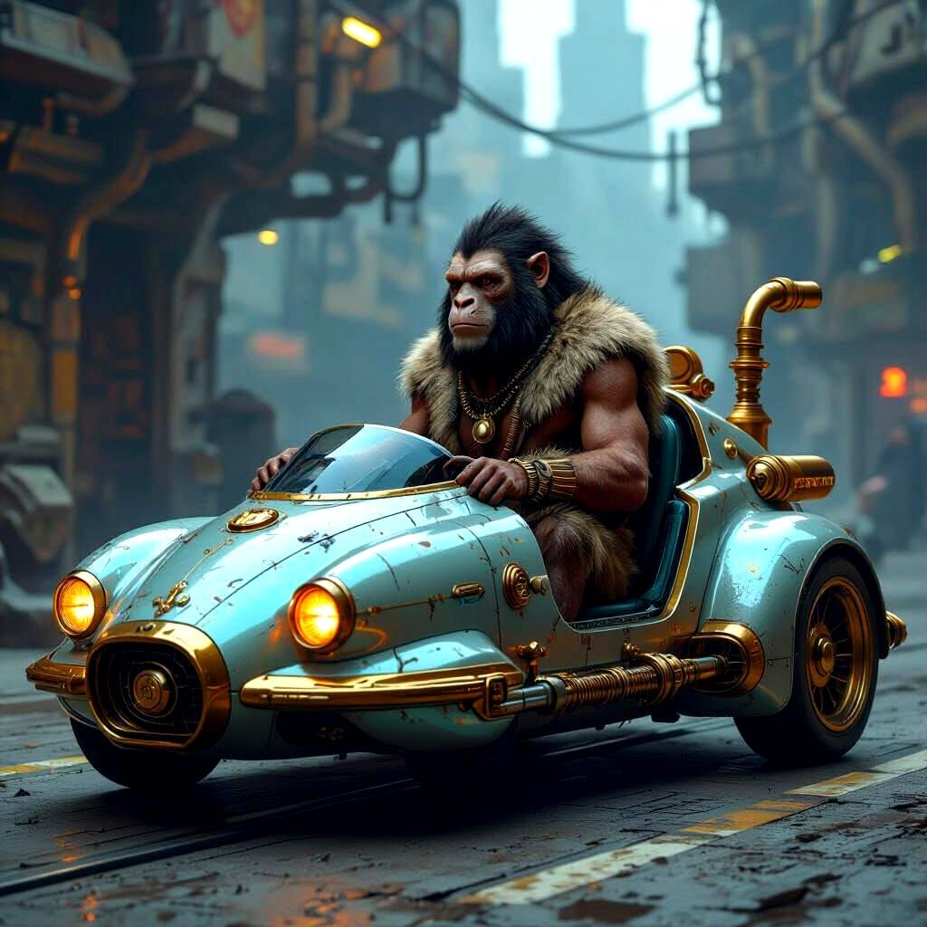 Ancient Hominid in Futuristic Steampunk Flying Car