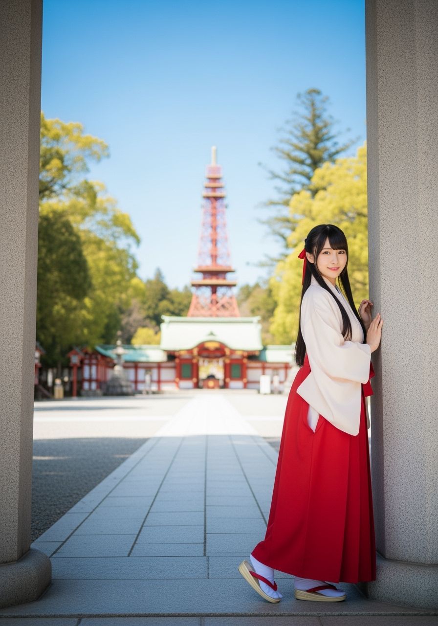 Shrine Maiden in Cherry Blossom Shrine Grounds