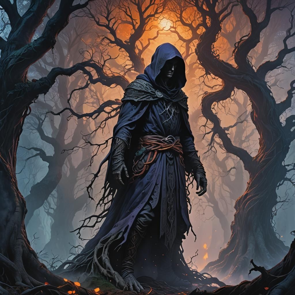 Hooded Figure in Mystical Forest: Dark Fantasy Art