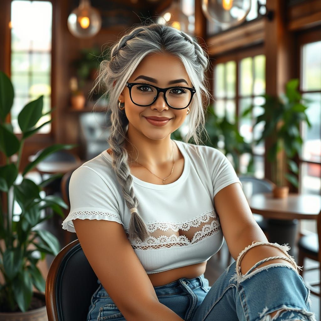 Hyperrealistic Portrait of a Young Woman in a Cozy Café