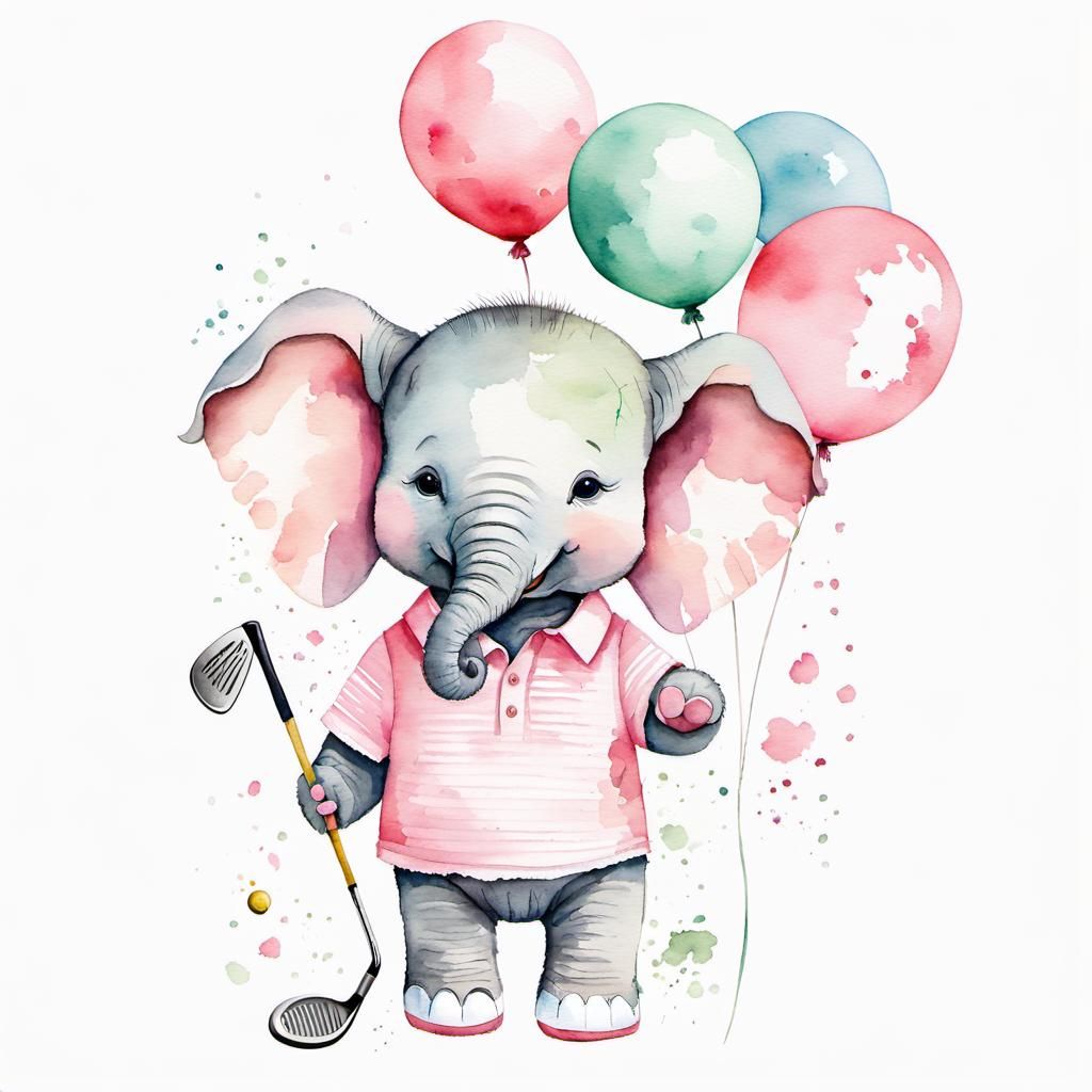 Watercolor Baby Elephant Golfer