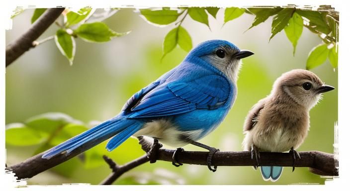 Bluebird Family in Forest, Watercolor Illustration