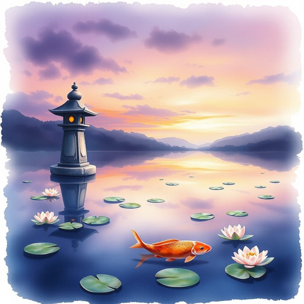 Serene Koi Pond Reflecting Twilight Sky in Watercolor Style