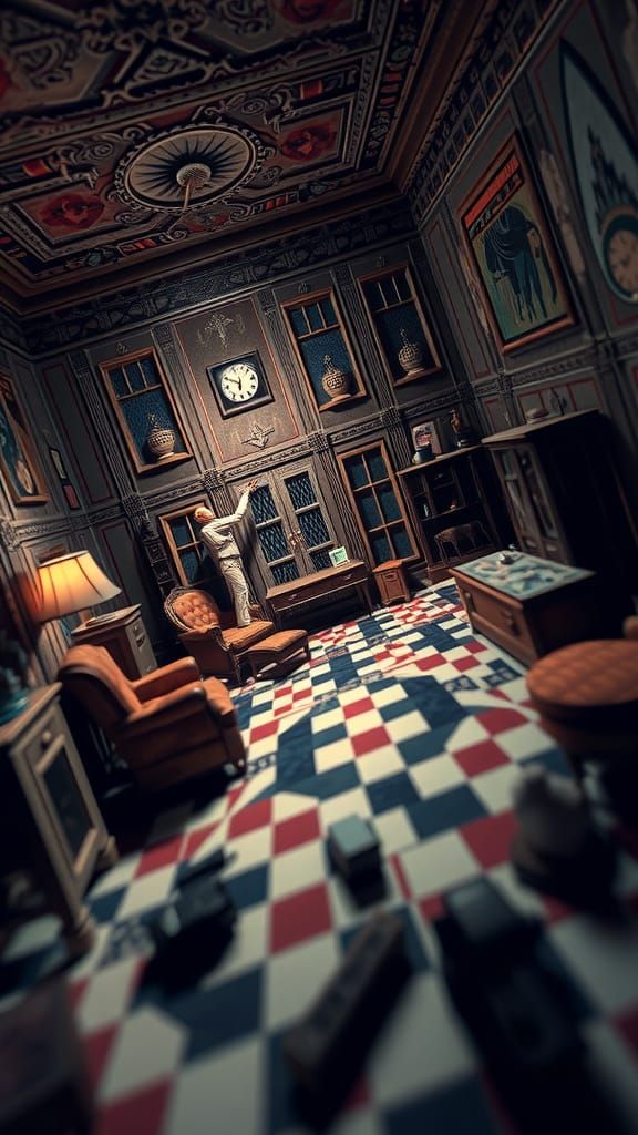 Surreal Tilted Room Diorama in Vertigo Art Style