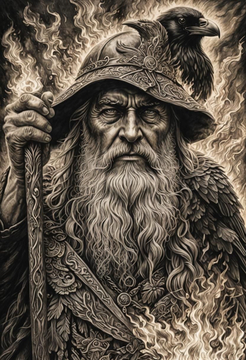 Odin with Ravens in Hyperdetailed Charcoal Drawing