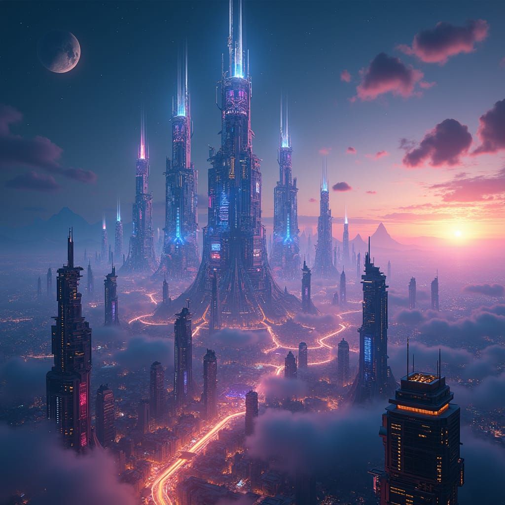 Ethereal AI Cityscape on Distant Planet in Matte Painting St...
