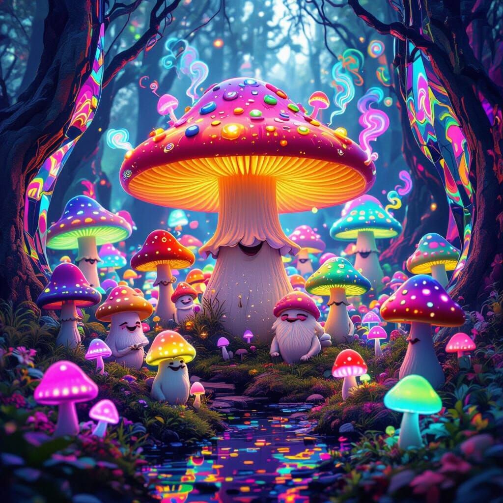 Bioluminescent Mushroom Forest With Smiling Mushroom People