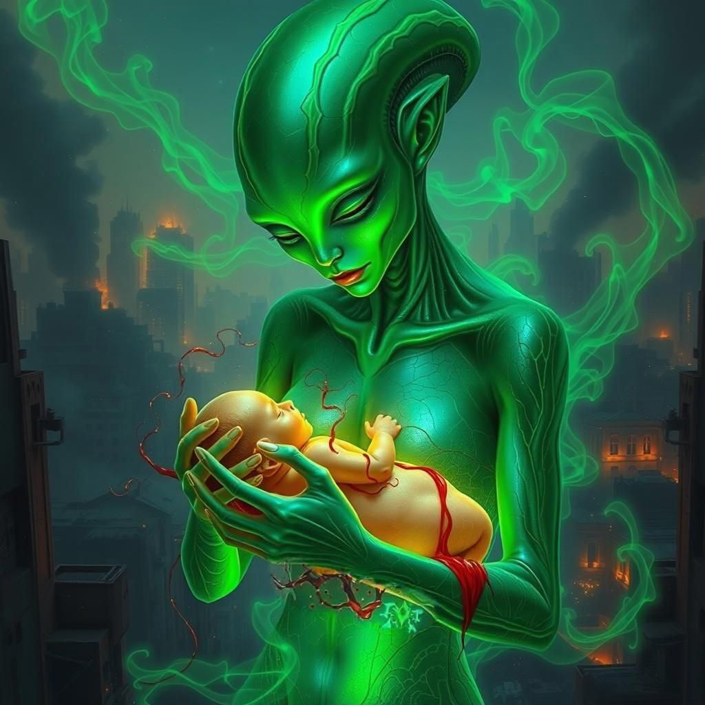 Glowing Alien Mother and Child in Destroyed City