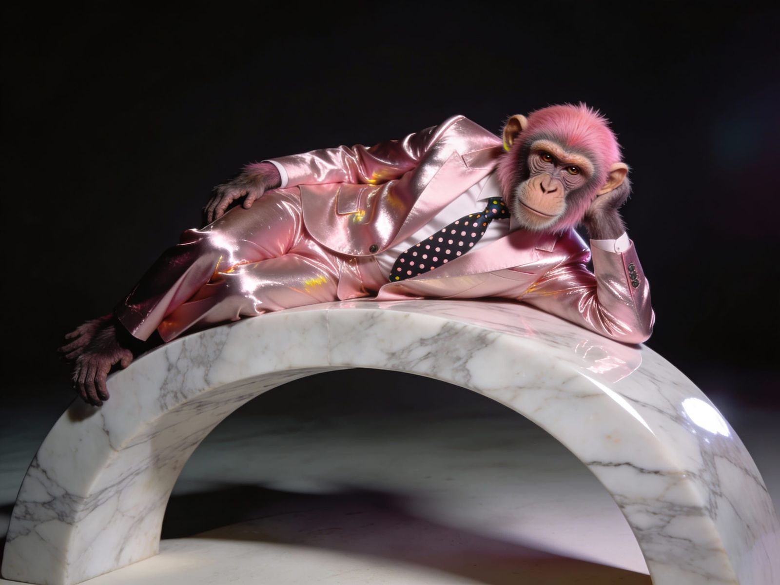 Surreal Pink Chimpanzee in Metallic Suit on Marble Arch
