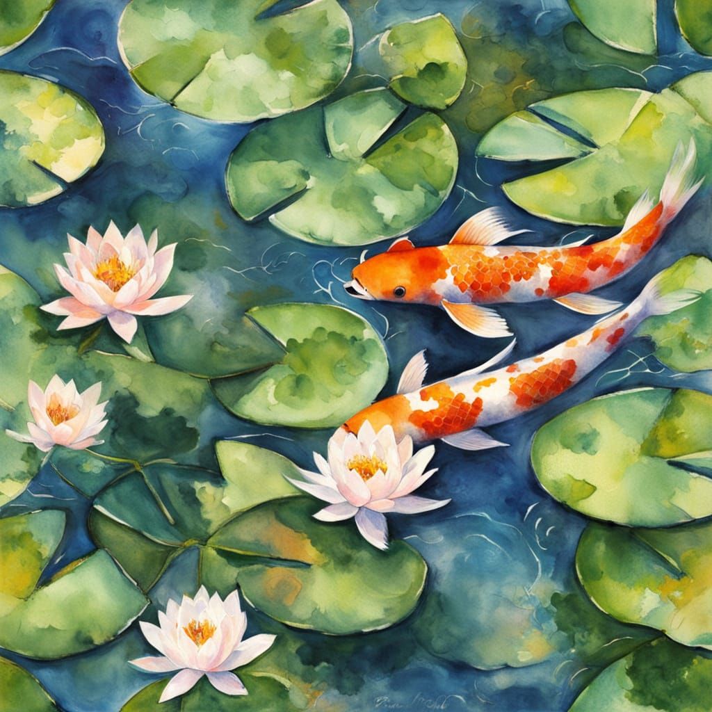 Whimsical Watercolor Koi Fish in a Serene Pond Landscape