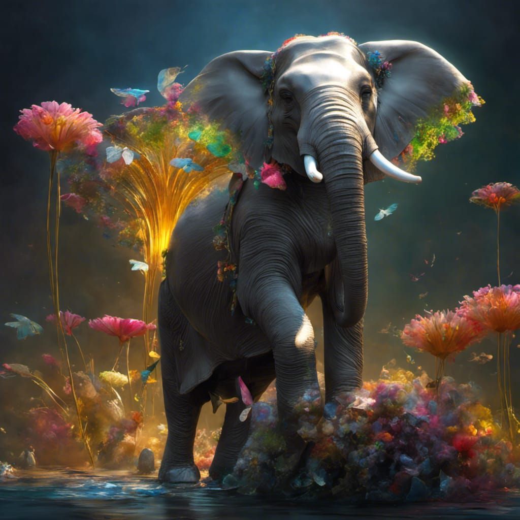 Recycled Plastic Elephant in Fantasy Illustration Style