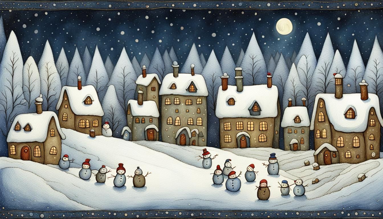 Snowmen Village in Fairytale Art Nouveau Style