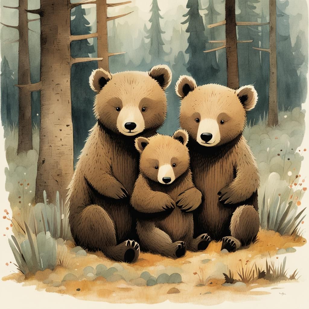 Adorable Bear Cubs in Storybook Illustration Style