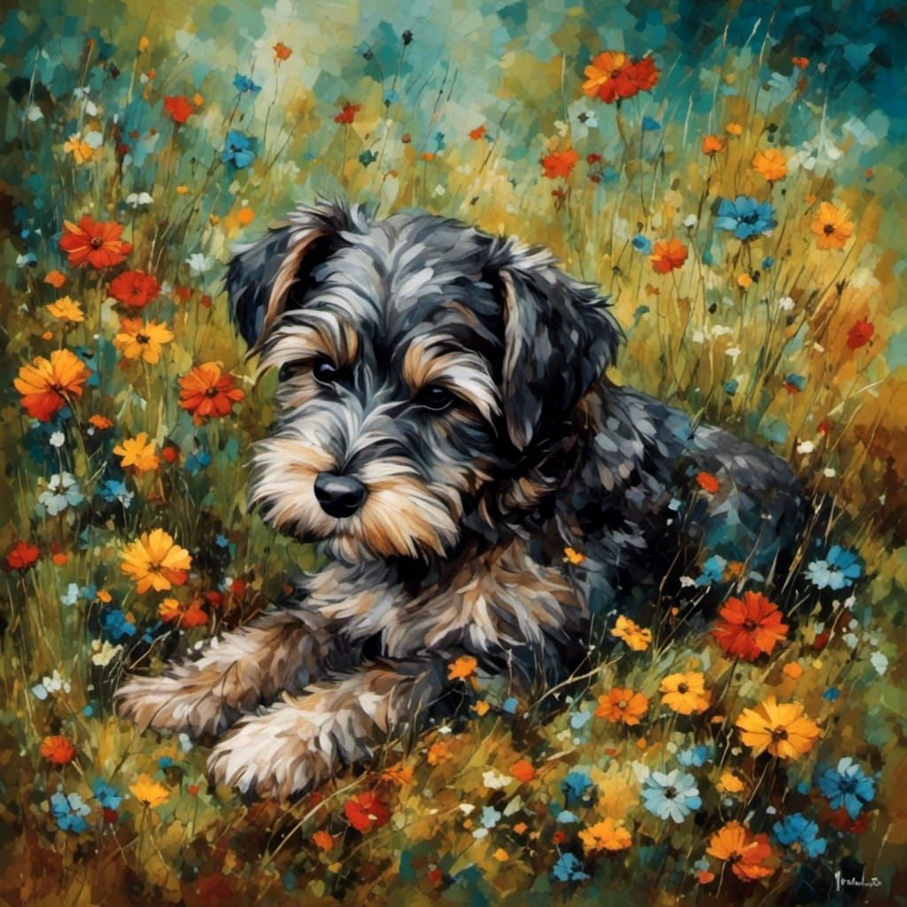 Schnauzer Puppy Snoozing in Meadow, Painterly Style