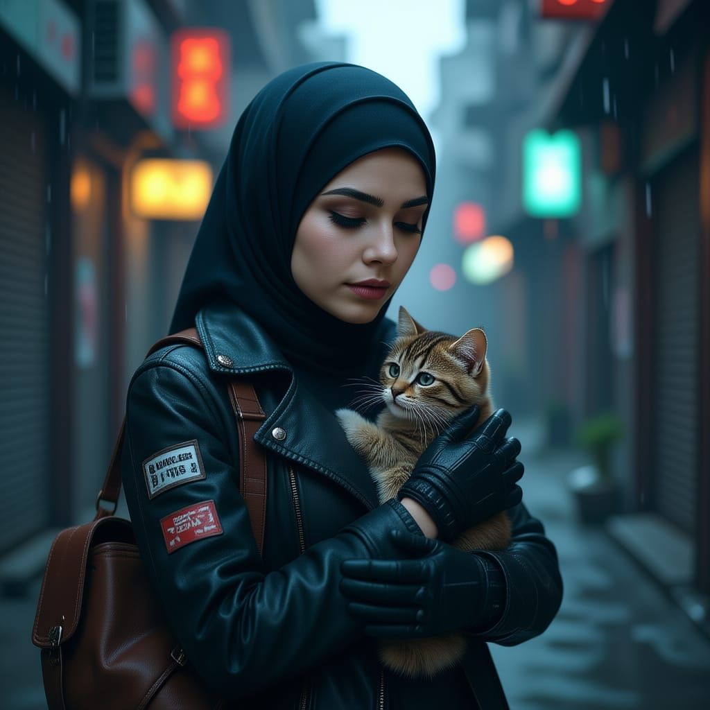 Cyberpunk Girl Protects Kitten in Rainy Alley Cinematic Shot