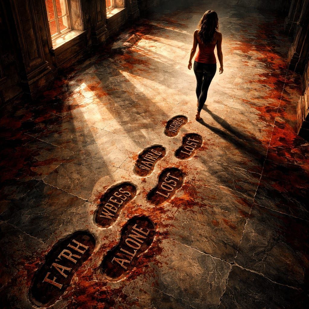 Woman Walks Through Marble Hall, Leaving Negative Thoughts B...