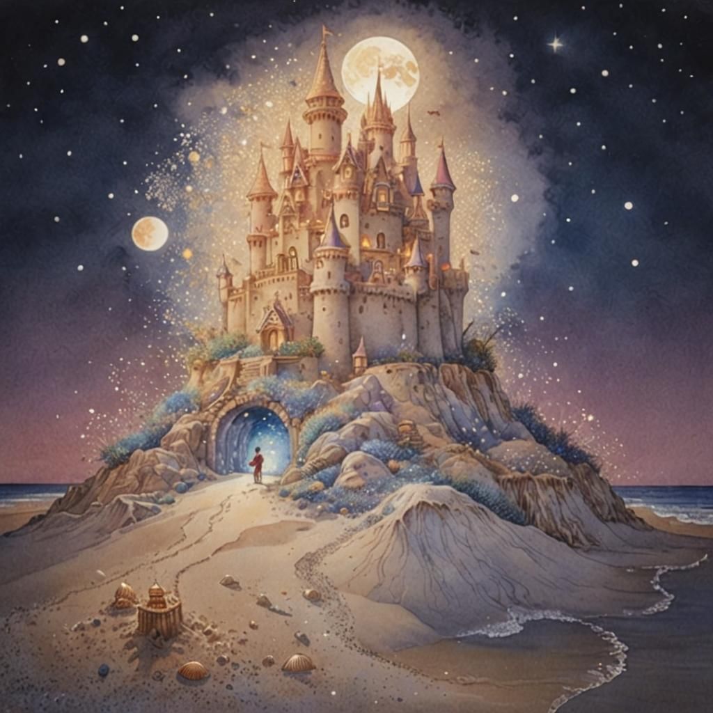 Magical Moonlit Sandcastle in Watercolor Pointillism