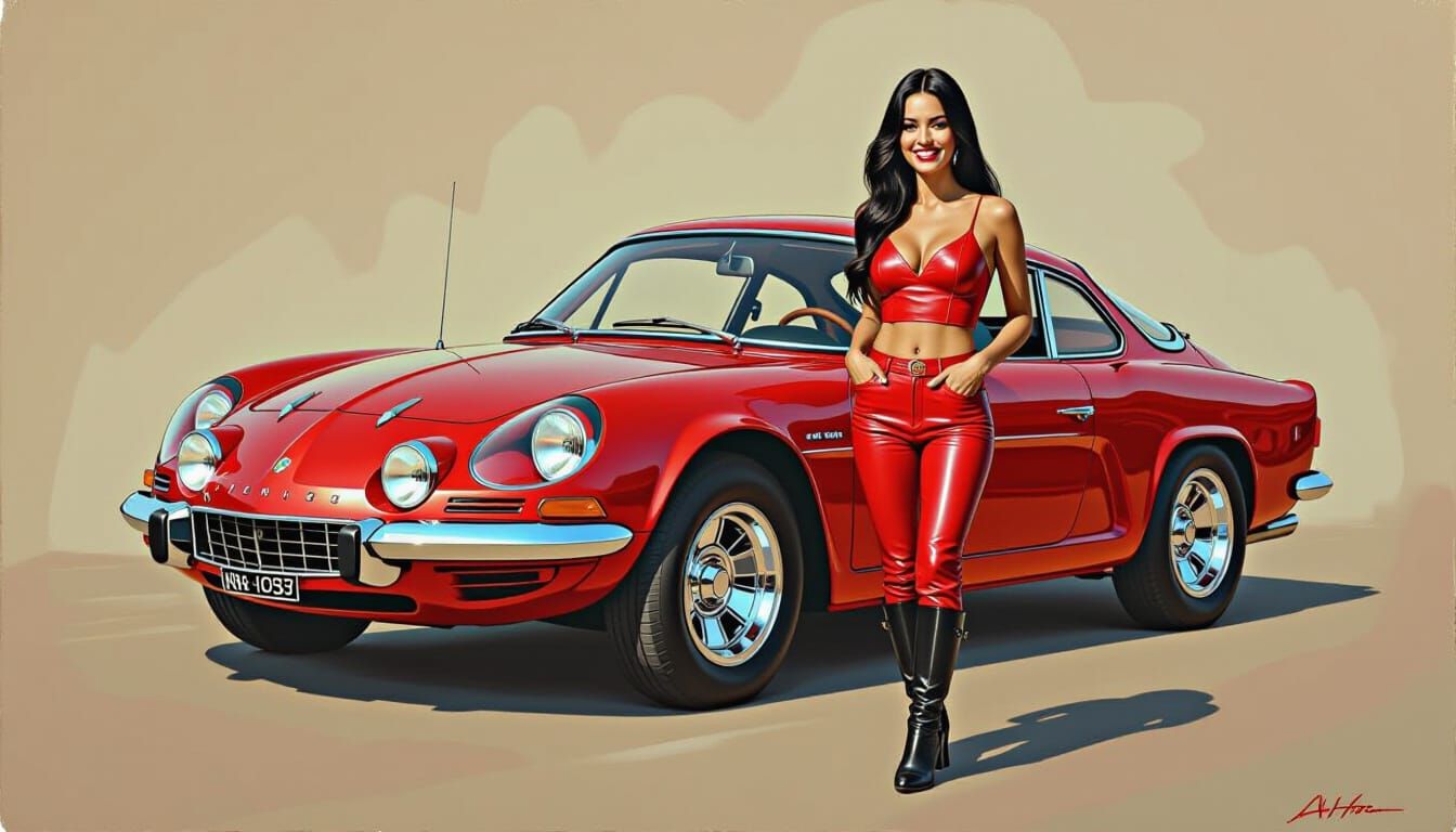 Ruby Red Alpine A110 with Woman, NC Wyeth Style