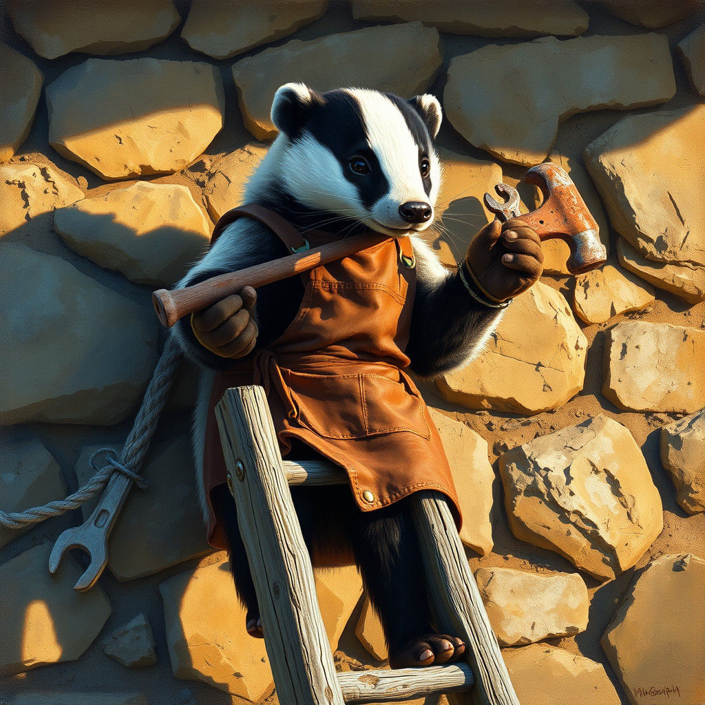 Badger Carpenter: Rustic Oil Painting of Industrious Animal