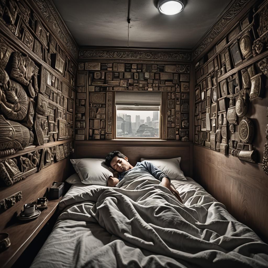 Hyperrealistic Person Sleeping in Small Room