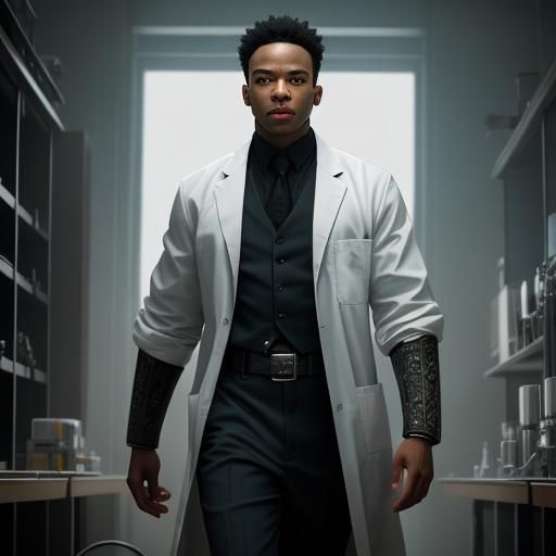 Sci-fi, male African American scientist, early twenties, lab coat, prodigy,full body shot, wide angle, film grain, vigne...